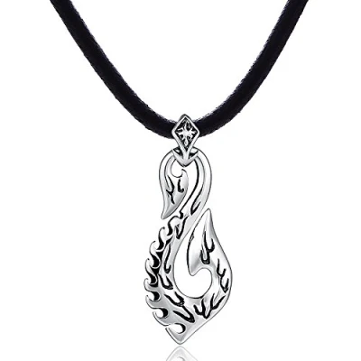 Afbeelding van DonDon heren leren ketting leer halsketting 50 cm met roestvrij stalen hanger maori fish hook