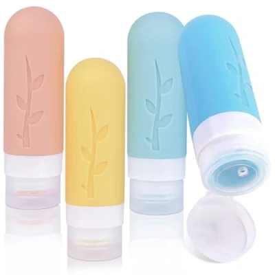Afbeelding van AiQInu Reisflessen om te vullen, 4 stuks siliconen reisflessen, set van 90 ml, met etiket, afneembare en schone borstel, lekvrij, navulbare draagbare reisflessenset, BPA vrij
