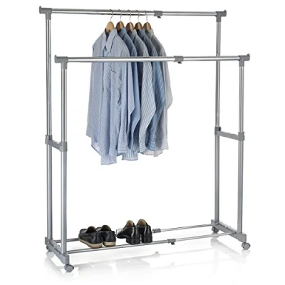 Afbeelding van CARO Möbel Garderobewagen, rolgarderobe, kledingrek, rolkledingrek CASA, grijs, 2 kledingstangen, verchroomd metalen frame, in hoogte en breedte verstelbaar