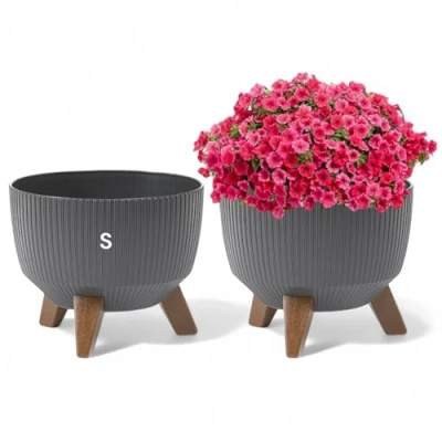 Afbeelding van Bloempot schaal met poten, inzetstuk, kruidenpot, plantenbak, eco gerecycled, antraciet, S 24 cm