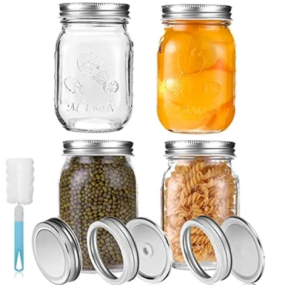 Afbeelding van 450ml Mason Jars Weckpotten Van Glas met Deksels en Linten, Kruidenpotjes Top Voedselbewaardoppen Voor Jam, Honing, Huwelijksgeschenken, Douchegunsten Doe Het Zelf Voorraadpotten, 4 Verpakkingen