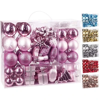 Afbeelding van BRUBAKER Kerstballen 77 Delige Set Kerstboomdecoraties met Ballen Sterren Laarzen Dennenappels Verpakkingen Plastic Roze/Zilver