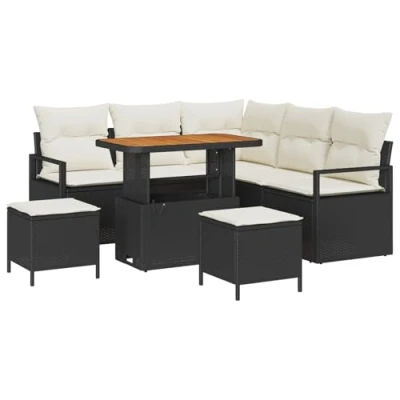 Afbeelding van vidaXL 8 Delige Tuin Sofa Set met Kussens Zwart Poly Rattan Acacia, 2 Zits Rattan, 3 Eet Acacia