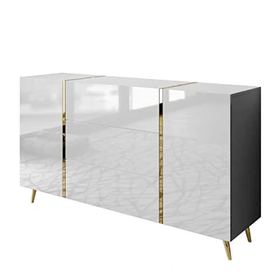 Afbeelding van lukmebel Ladekast ONYX Op Gouden Poten Hoogglans Elegant &amp; Modern Design Verborgen Planken Gemakkelijk Schoon Te Maken Slijt En Krasbestendig Gelamineerd Board 158x413x88cm Zwart
