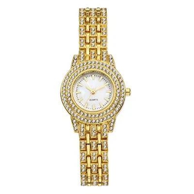 Afbeelding van JewelryWe Analoog kwartshorloge voor dames, luxe horloge met diamanten, gesimuleerde diamant, achterkant en afneembare armband, goud, goudkleurig, Armband