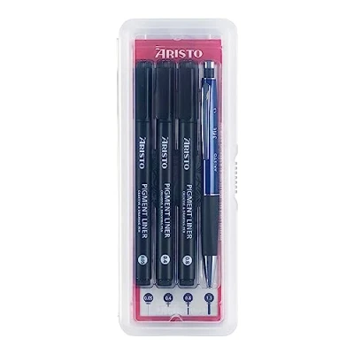 Afbeelding van Aristo AR23539 Pigment Liner creatieve set 4 delig (3 fineliners in de lijndiktes 0,05 mm / 0,40 0,80 met sterk gepigmenteerde zwarte inkt &amp; 1 fijne stift 3 Fit 1,3 mm) zwart