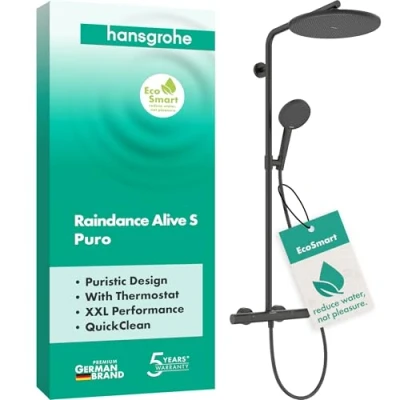 Afbeelding van hansgrohe Raindance Alive S Puro waterbesparend Douchesysteem (EcoSmart) met thermostaat, regendouche douchekraan, handdouche, doucheslang, glijstang en douchekop, brushed black chrome, 24593340