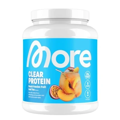 Afbeelding van MORE Clear Protein Wei Isolaat Poeder, Peach Passionfruit Iced Tea, 600 g, 20 porties Lactosevrij Poeder voor Spieropbouw en Herstel, Gemaakt in Duitsland