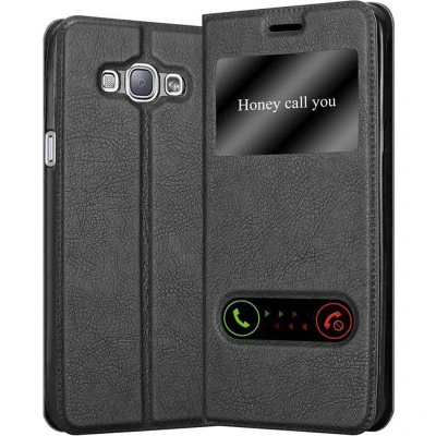 Afbeelding van Cadorabo Hoesje geschikt voor Samsung Galaxy A8 2015 in KOMEET ZWART Beschermhoes met magnetische sluiting, standfunctie en 2 kijkvensters Book Case Cover Etui