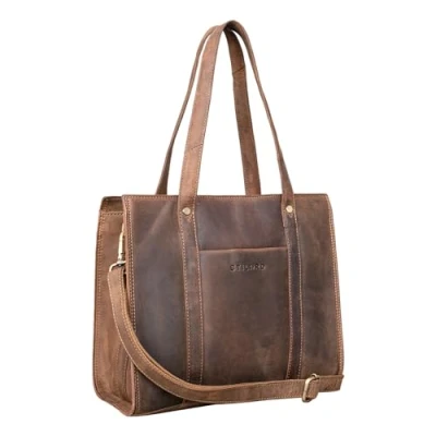 Afbeelding van STILORD &#039;Ariana&#039; Grote Leren Shopper Tas Dames Elegante Business Bag voor 13,3 Inch Laptops Damestas Handtas Schoudertas Werk Shopping Reizen Echtleer, Kleur:middel bruin