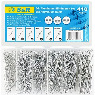 Afbeelding van S&amp;R aluminium blindklinknagels set, 410 delig assortiment, corrosiebestendig, 6 maten in doos, 2,4 x mm, 3,2 8 4 4,8 10 mm; platte ronde kop, popklinknagels, / stalen klinknagels set