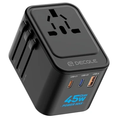Afbeelding van decqle Universele stekkeradapter, internationale reisadapter met 2 USB C poorten (GaN 45 W) en 1 A, veiligheidszekeringen, voor Frankrijk naar de VS, VK, EU, AU 150+ landen (zwart)