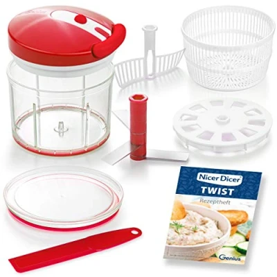 Afbeelding van Genius Nicer Dicer Twist Universele hakmolen, 9 delig, rood, groentesnijder, handmatig met trekkoord, slacentrifuge en zeef, uiensnijder om te hakken pureren, 1000 ml