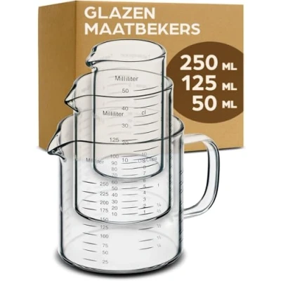 Afbeelding van Praknu Maatbeker Borosilicaatglas Set met Schenktuit 50ml, 125ml, 250ml Precieze Schaal Stapelbaar Hittebestendig &amp; Magnetronbestendig