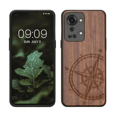 Afbeelding van kwmobile telefoonhoesje geschikt voorOnePlus Nord 2T 5G Hoesje met bumper walnoothout In donkerbruin Vintage Kompas design