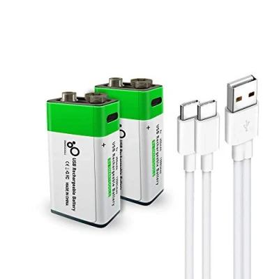 Afbeelding van 2 x 9 V krachtige lithium ion USB accu 650 mAh snel opladen 1,5 uur 1200 cycli met type C aansluitkabel