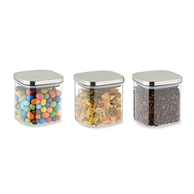 Afbeelding van Relaxdays voorraadpot set van 3 600 ml rechthoekig opbergpot luchtdicht transparant zilver