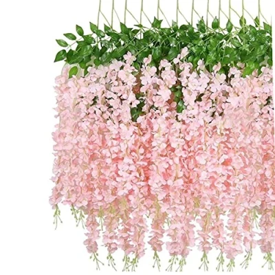 Afbeelding van OUKEYI 12 stuks kunstmatige blauweregen bloemen slinger, 9,6 ft zijden nepbloemen opknoping wijnstok voor binnen buiten huis tuin kerst bruiloft feest decoratie (roze)