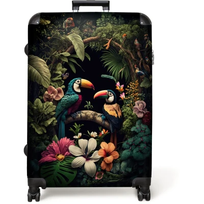 Afbeelding van NoBoringSuitcases.com® Koffer groot Reiskoffer lichtgewicht Vogel Bloemen Planten Jungle Zwart Toekan Rolkoffer met 4 wielen Grote trolley XL 98 liter bagage