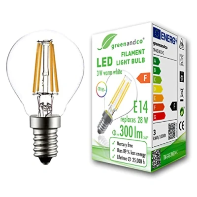 Afbeelding van greenandco® CRI90+ filament LED lamp vervangt 28 Watt E14 G45 Globe, 3W 300 Lumen 2700K warm wit 360 230V AC glas, niet dimbaar, flikkervrij