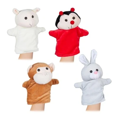 Afbeelding van Relaxdays handpoppen set van 4 poppenkast poppen dieren voor kinderen