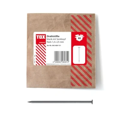 Afbeelding van TOX draadnagels 1,4x25 mm met verzonken kop voor eenvoudige houtverbindingen en vlakke oppervlakken, blank staal, 80 st. in hersluitbare milieuvriendelijke papieren verpakking, 063600151
