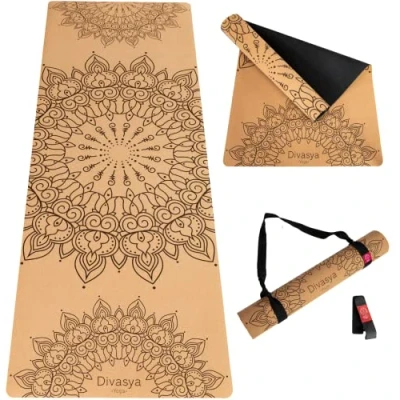 Afbeelding van DIVASYA Premium yogamat kurk antislip: van natuurlijk rubber, antislip en kurk, &amp; duurzaam, extra breed dik (183 x 66 0,4 cm), antislip, draagriem, vrij schadelijke stoffen