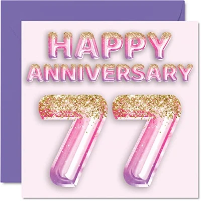 Afbeelding van Mooie 77e verjaardag kaart voor vrouw vriendin man vriend roze paarse glitter ballon gelukkig 77 kaarten van familie, 145mm x wenskaarten zeventig jubileum