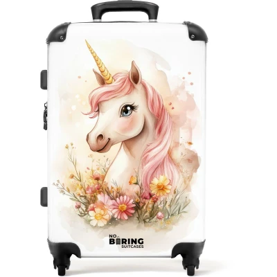 Afbeelding van NoBoringSuitcases.com® Kinderkoffer meisje Kindertrolley meisjes Eenhoorn met roze manen tussen pastelbloemen Koffer kind groot Rolkoffer lichtgewicht Reiskoffer 4 wielen Grote trolley XL 20 kg bagage