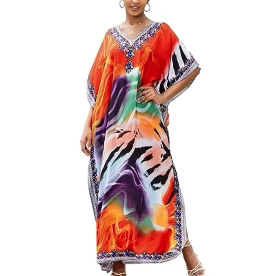 Afbeelding van YouKD Dames Zomer Bohemian Lange Kaftan Etnische Patroon Maxi Jurk Strand Bikini Cover Ups Sunblock