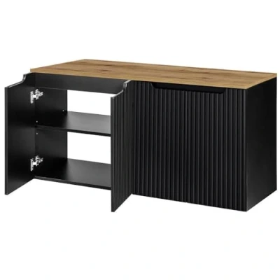Afbeelding van [en.casa] Wastafelonderkast Newport met wastafelblad en 4 deuren badkamerkast 120x60x40 cm zwart eikenkleurig