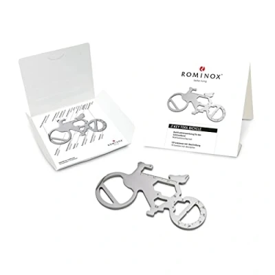 Afbeelding van Cadeau: ROMINOX Sleutelgereedschap fiets, 19 Functies, Fiets Sleutelhanger, Mountainbike, gegraveerde roestvrijstalen multitool met functiebeschrijving, multifunctioneel gereedschap voor