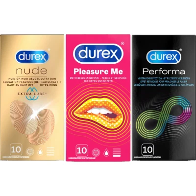 Afbeelding van Durex Nude Extra Lube Condooms 10 stuks, Pleasure Me stuks &amp; Performa Pakket