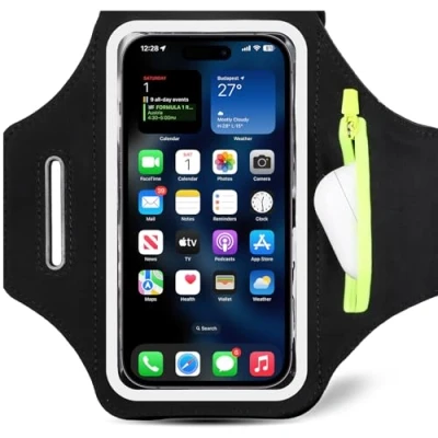 Afbeelding van Sportarmband met hoofdtelefoonhoes, armhouder voor mobiele telefoon, AirPods hoes, iPhone 15 Pro Max/14/13/12/11, Galaxy S24 Ultra/S23/S22, Xiaomi, Huawei, Google Pixel (tot 6,8 inch), zwart