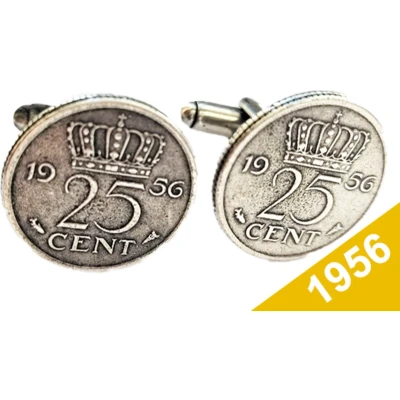 Afbeelding van Manchetknopen Kwartje 1956 Verzilverd Uniek en Stijlvol Sieraad met Jaartal Cadeau Geboortejaar Alle Jaartallen Beschikbaar Doorsnede 1,8 cm