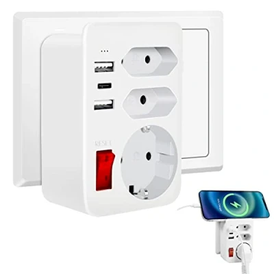 Afbeelding van HANYEAL USB stopcontact, stekkeradapter met 2 (3A), 1 C (3A) en Schuko stekker, meervoudige stekkerdoos schakelaar, 6 in 1, stekker kinderbeveiliging, wit, 4000 W, dubbele voor