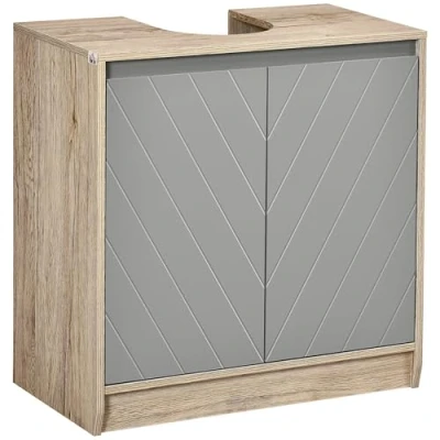 Afbeelding van HOMCOM wastafel onderkast badkamerkast badkamermeubel met 2 deuren MDF grijs + eiken 60 x 30 59,8 cm