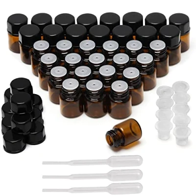 Afbeelding van Belle Vous 50 Pak Essentiele Olie Proef Flesjes 1 ml Amber Glazen Flessen met Inzetstuk Navulbare Potjes Zwarte Doppen &amp; Droppers voor Olies, Geuren/Parfums, Chemicaliën en Aromatherapie