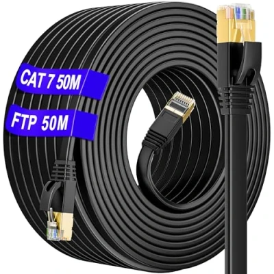 Afbeelding van Ethernet kabel 50m Cat 7 Buiten Binnen, SSTP Internet Platte Hoge Snelheid RJ45 Lange 10Gbps 600MHz (50 Clips) Waterdichte Anti interferentie Afscherming, LAN voor Xbox/Switch/Router