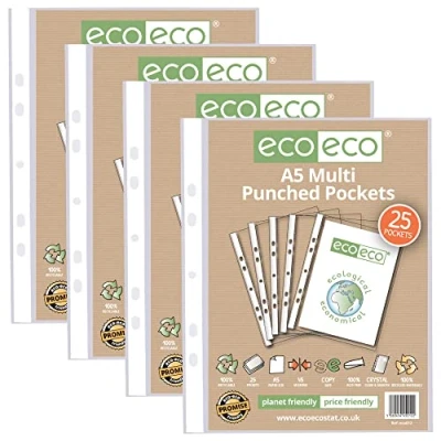 Afbeelding van eco A5 100% Gerecycleerde Multi Ponsen Zakken Glas Helder, Transparant Poly Wallet Sheet Protector, 45 Microns (100 zakken), eco012x4
