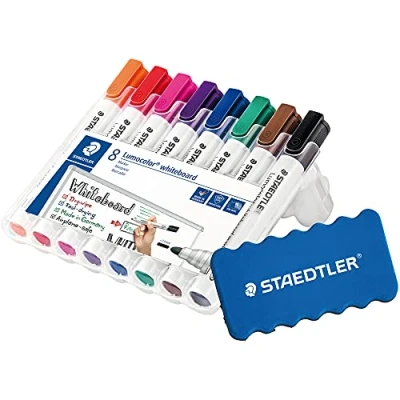 Afbeelding van Staedtler Lumocolor 351 WP8 Whiteboard markers, ronde punt, circa 2 mm lijnbreedte, set met 8 kleuren (1 pak inclusief wisser)