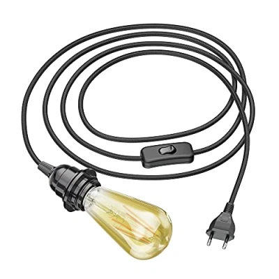 Afbeelding van ledscom.de 3 m textielkabel LEKA zwart, stekker, schakelaar + LED Vintage goud max. 814lm extra warm wit niveaus