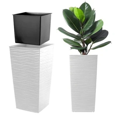 Afbeelding van KADAX Bloempot, bloembak van kunststof, plantenbak voor bloemen, binnen en buiten, tuin, balkon, terras, huis, weerbestendig, imitatie rotan (57 cm hoogte, wit)