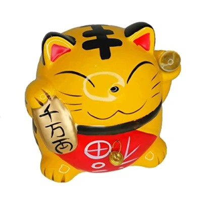 Afbeelding van lachineuse Kat Maneki Neko Geel Figuur Japanse Geluksbrenger Kawaii Deco Object Lucky Cat Porselein 15,5 cm Schattige Aziatische Geluk, Fortuin