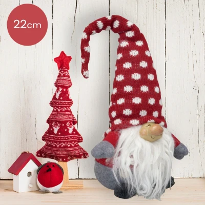 Afbeelding van Handgemaakt Gnoom mannetje met rood/wit gestipte muts 22cm