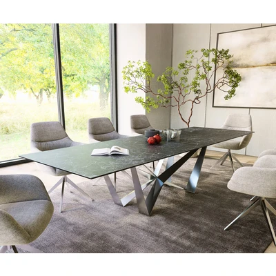 Afbeelding van DELIFE Eettafel Edge 300x100cm Laminam® keramiek grijs middenpoot vlak staal zilver