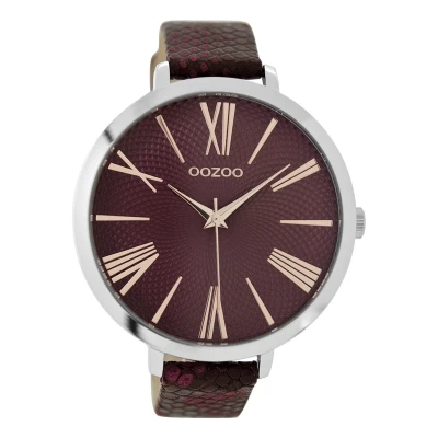 Afbeelding van OOZOO Timepieces Zilverkleurige horloge met bordeaux rode leren band C9171