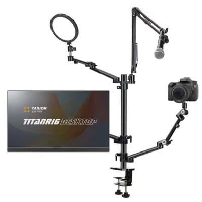 Afbeelding van TARION Camerarmmontage voor streaming: 4 in 1 overhead camera bureaumontagestandaard verstelbaar met microfoonboom + 3 scharnierende armen cameraring, lichtmonitor/laptop, desktop, live