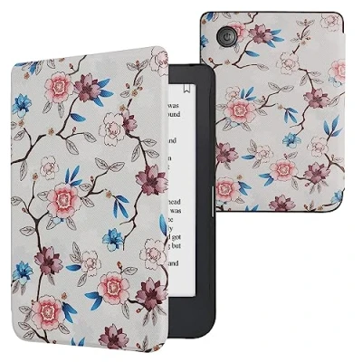 Afbeelding van kwmobile E reader hoesje geschikt voor Kobo Clara 2E hoes flip case met magnetische sluiting Ereader cover Elegante bloemen design in wit / poederroze blauw