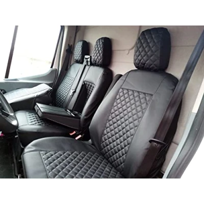 Afbeelding van Voorstoelhoezen, 2+1, ontworpen voor Ford Transit Custom vanaf 2015, kleine cabine, zwart ecologisch leer, LHD